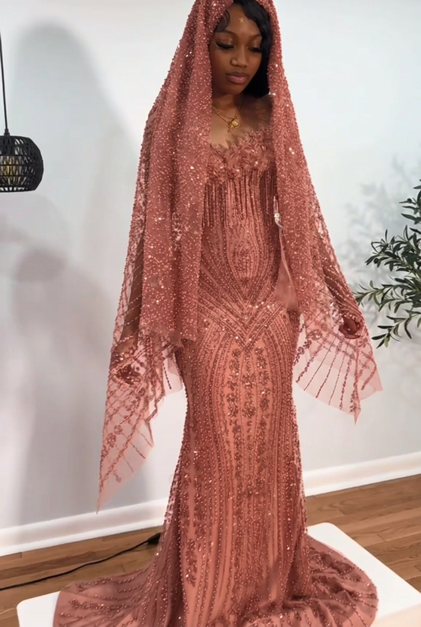 Dusty rose strapless beaded mermaid prom dress
