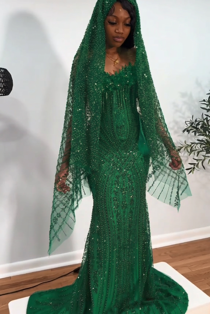 Emerald green strapless beaded mermaid prom dress