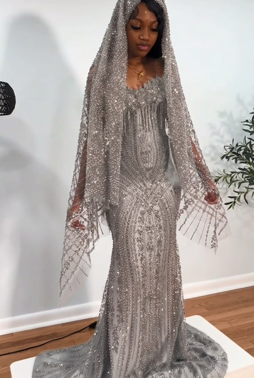 Silver strapless beaded mermaid prom dress