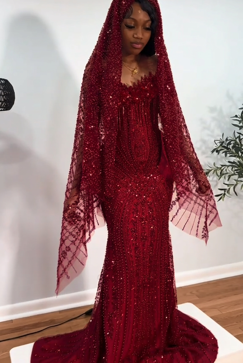 Burgundy strapless beaded mermaid prom dress
