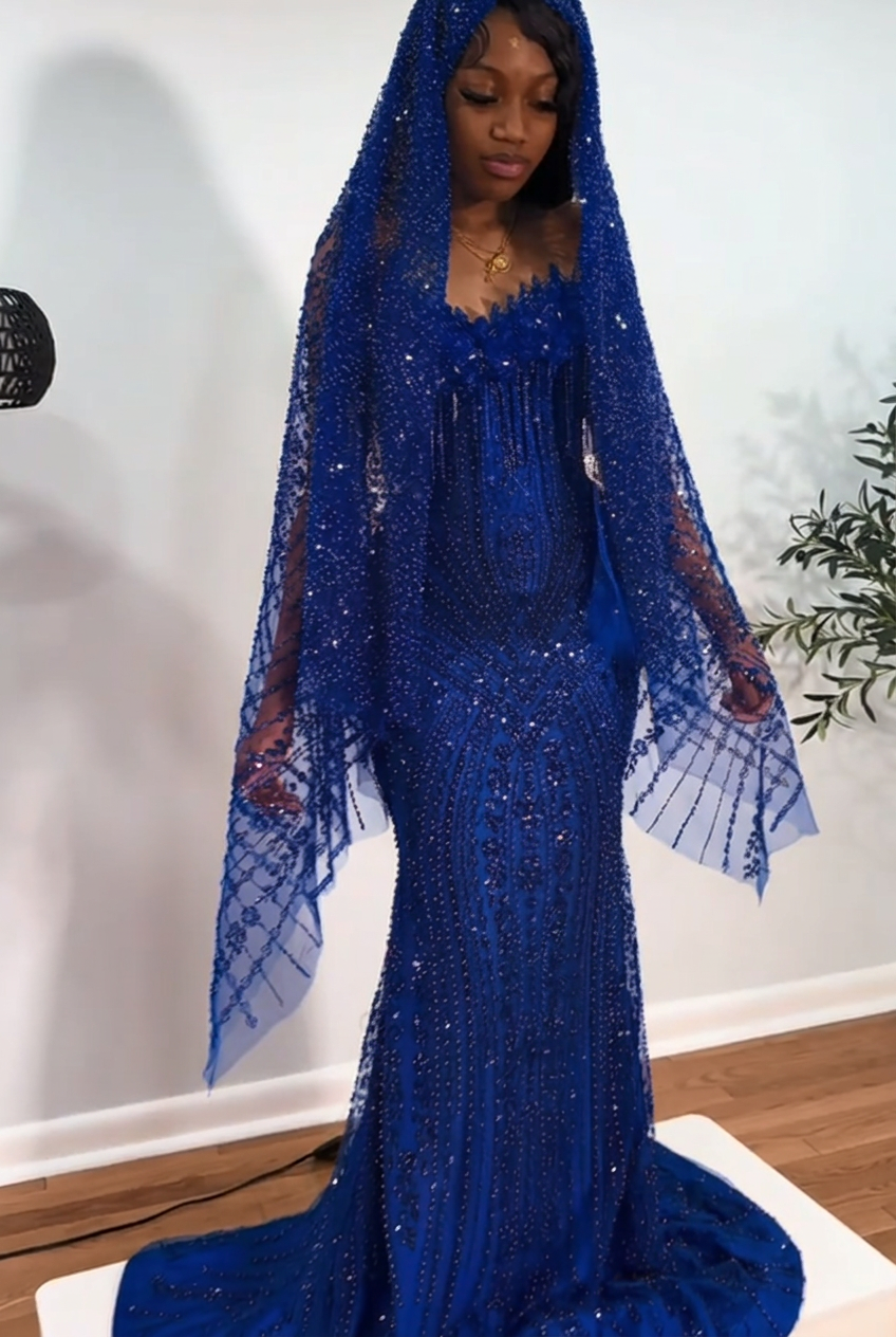 Royal blue strapless beaded mermaid prom dress