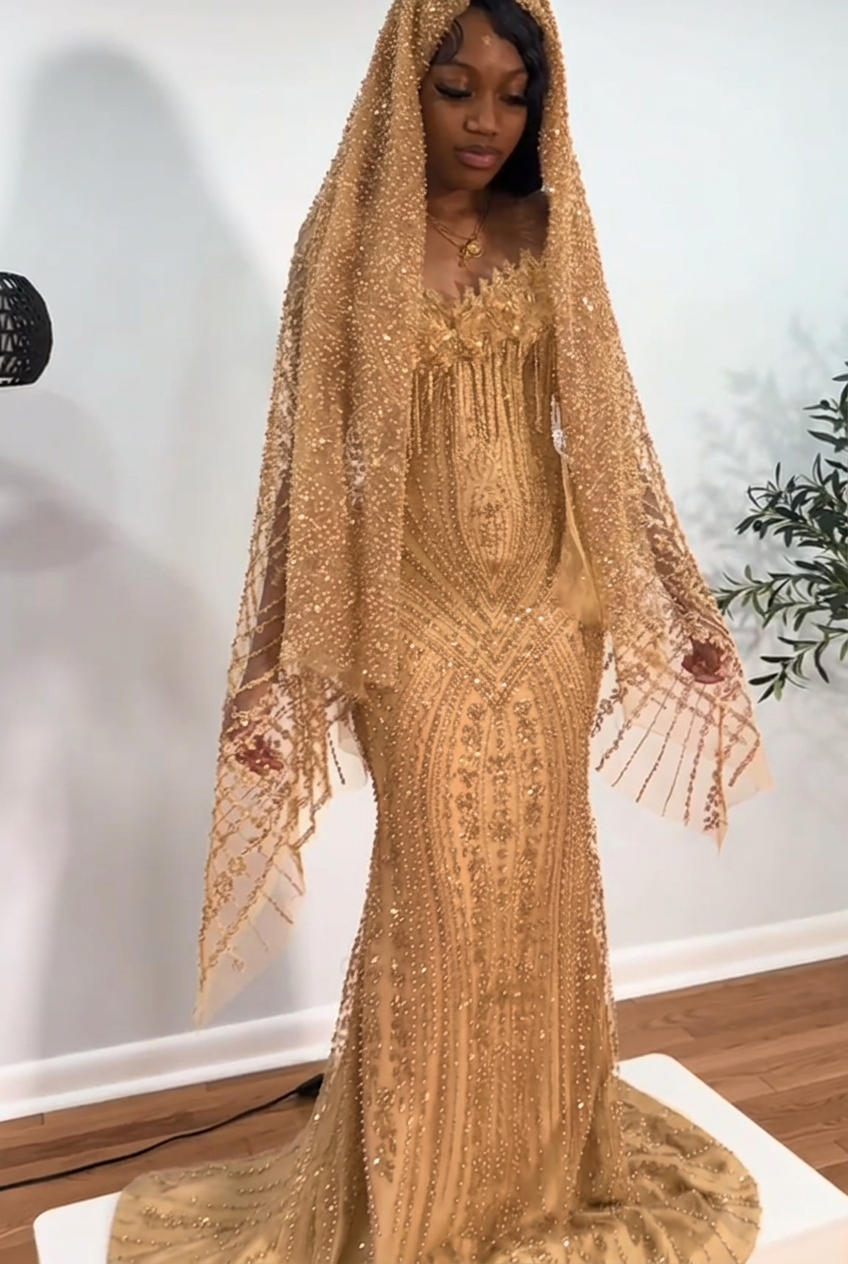 Champagne strapless beaded mermaid prom dress