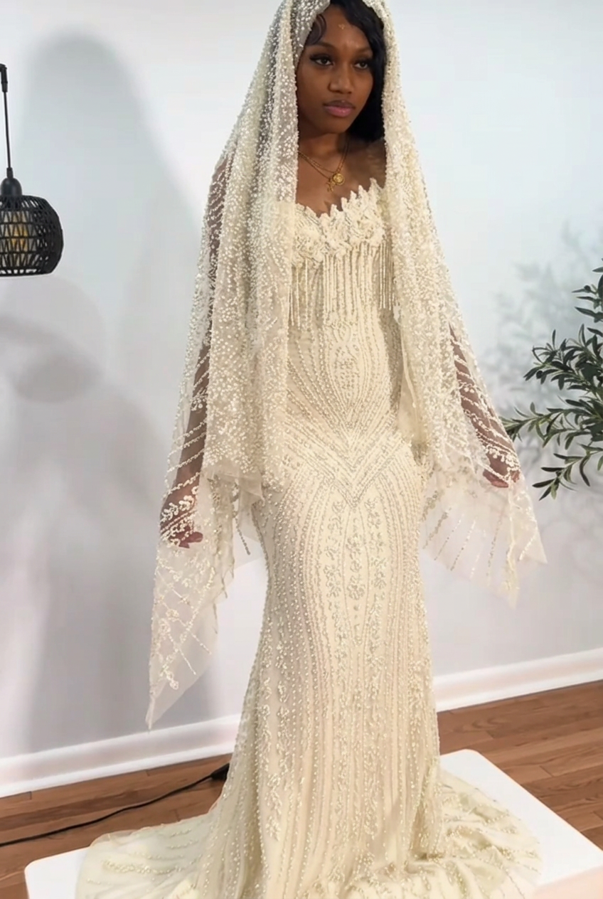 Ivory strapless beaded mermaid prom dress