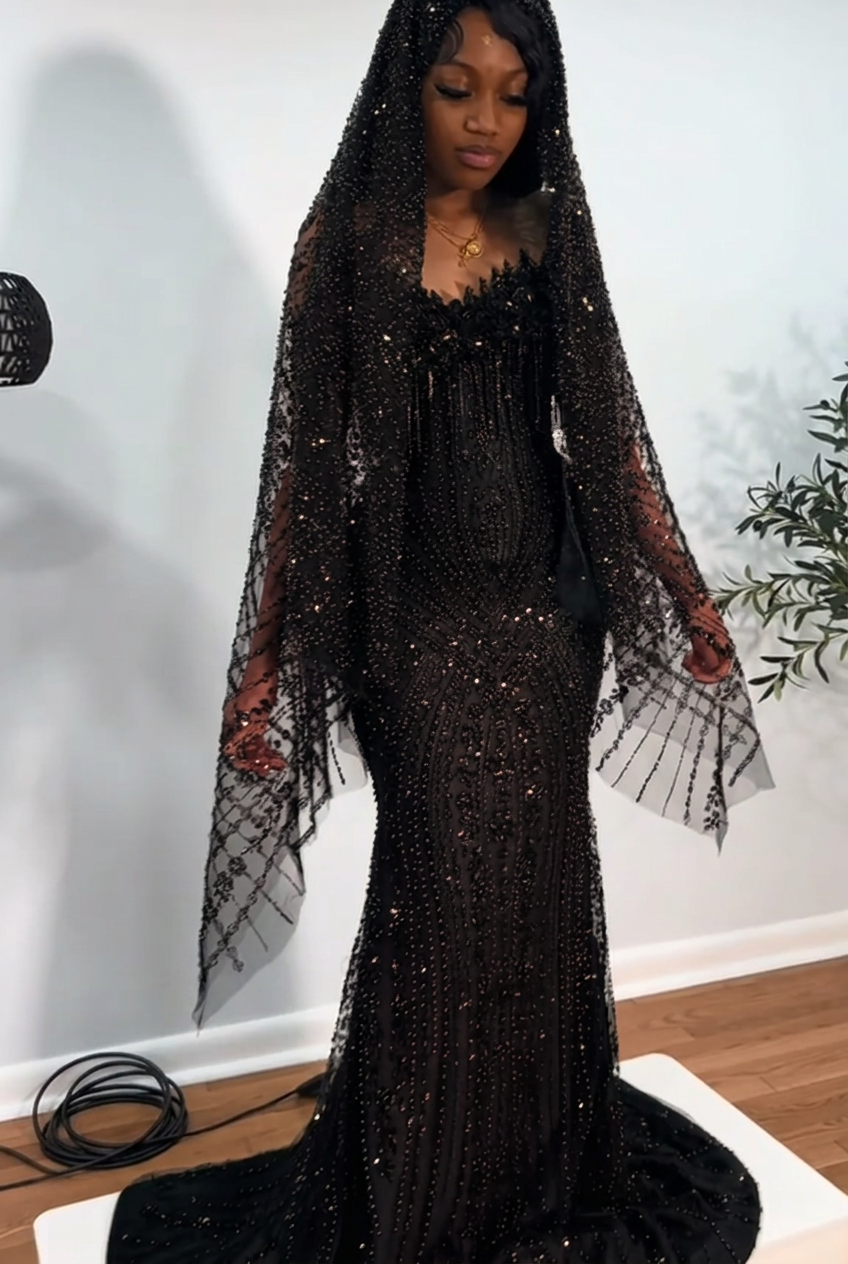 Black strapless beaded mermaid prom dress