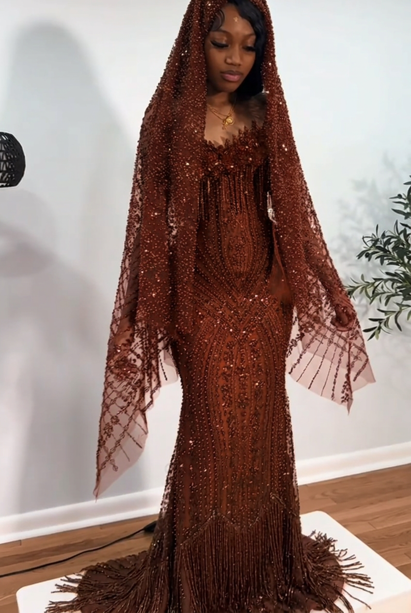 Chocolate strapless beaded mermaid prom dress