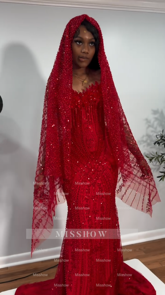 Red strapless beaded mermaid prom dress