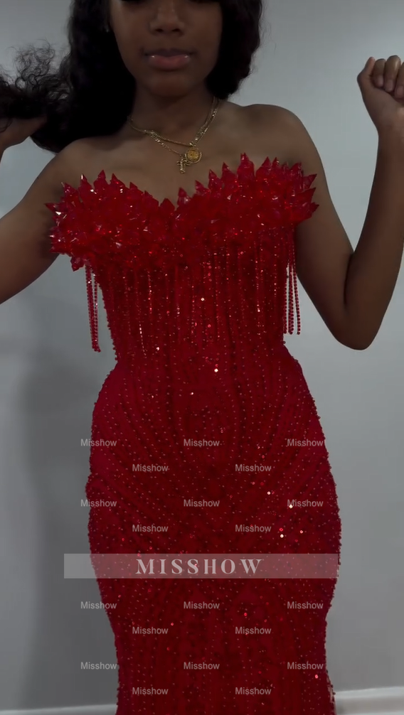 Red strapless beaded mermaid prom dress