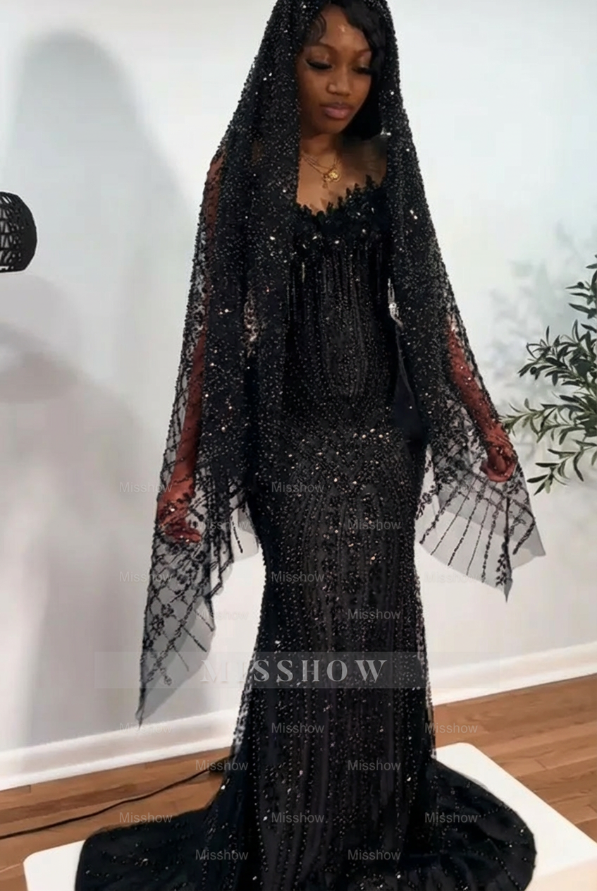 Black strapless beaded mermaid prom dress