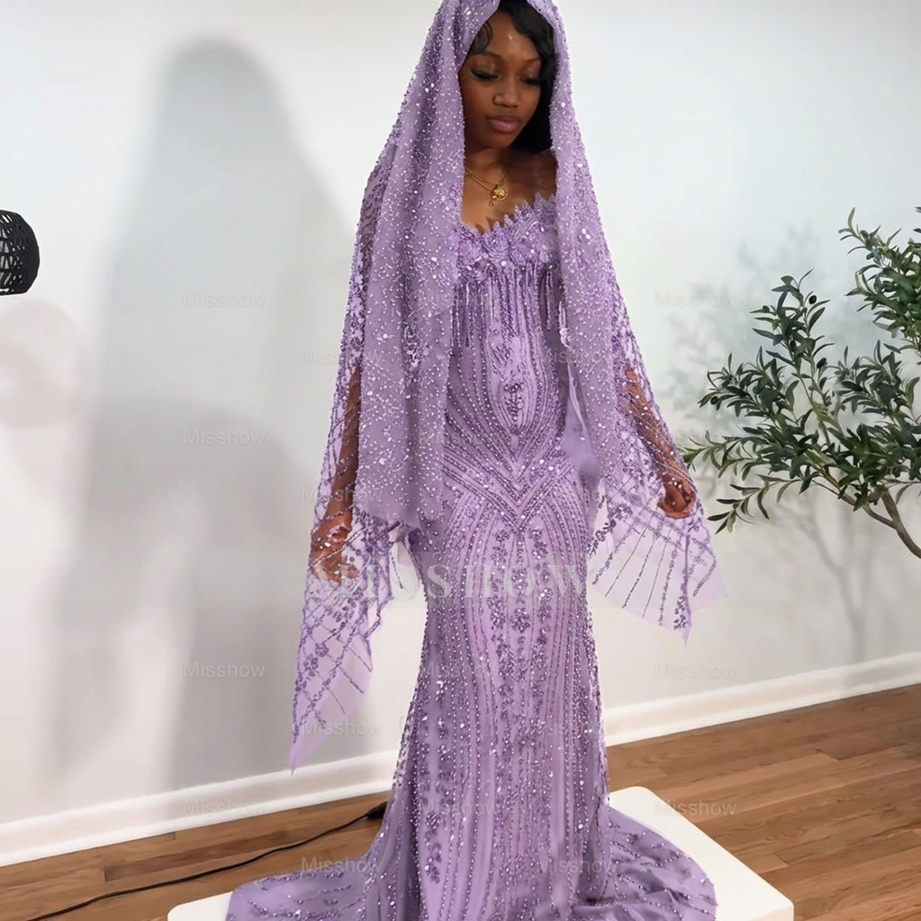 Lilac strapless beaded mermaid prom dress