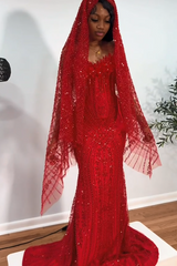 Red strapless beaded mermaid prom dress