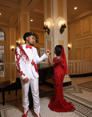 Luxury Red Sequin Beads Prom Dress Off The Shoulder Mermaid Formal Gown with Veil