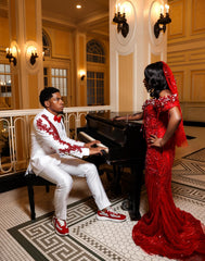 Luxury Red Sequin Beads Prom Dress Off The Shoulder Mermaid Formal Gown with Veil