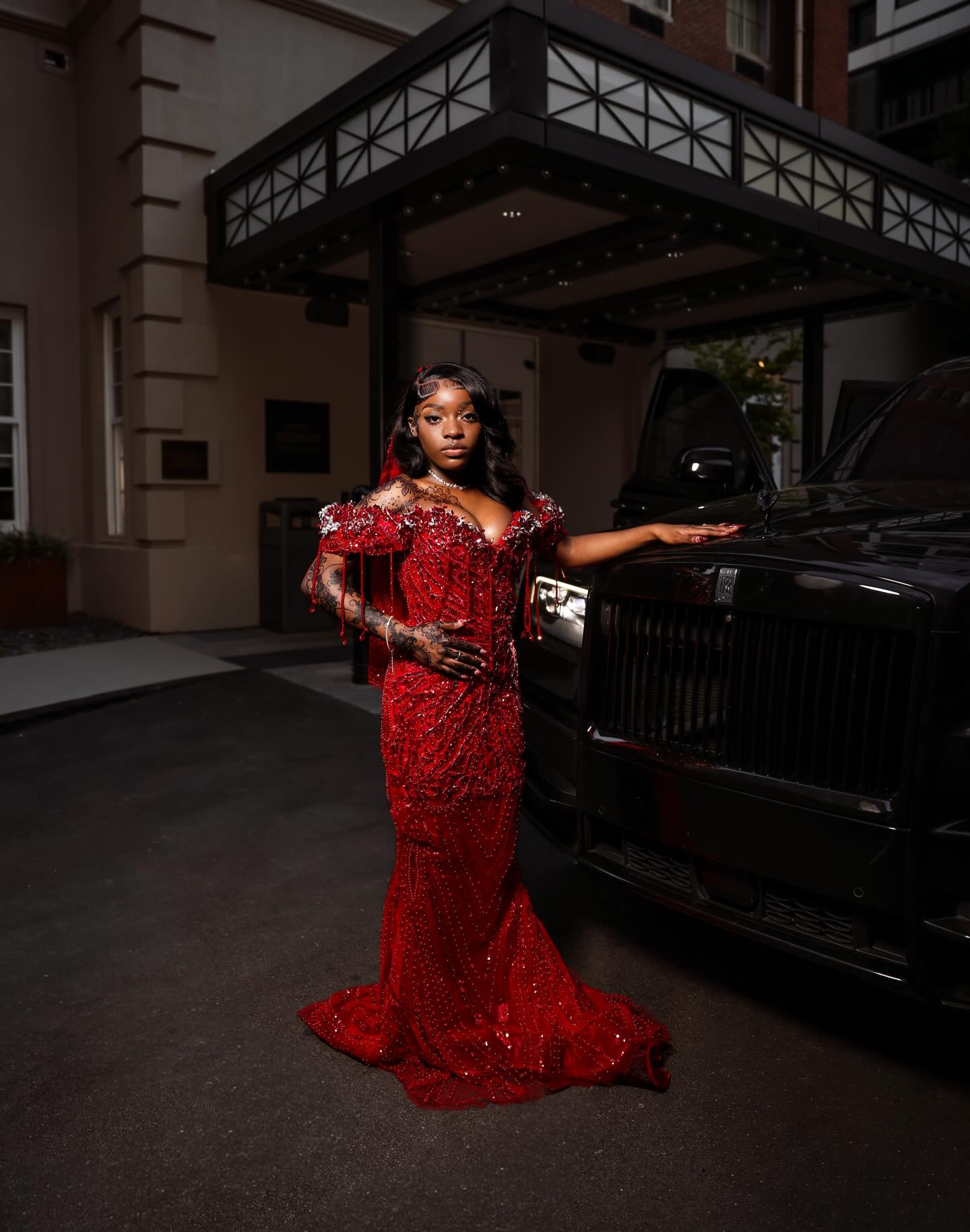 Luxury Red Sequin Beads Prom Dress Off The Shoulder Mermaid Formal Gown with Veil