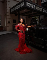 Luxury Red Sequin Beads Prom Dress Off The Shoulder Mermaid Formal Gown with Veil