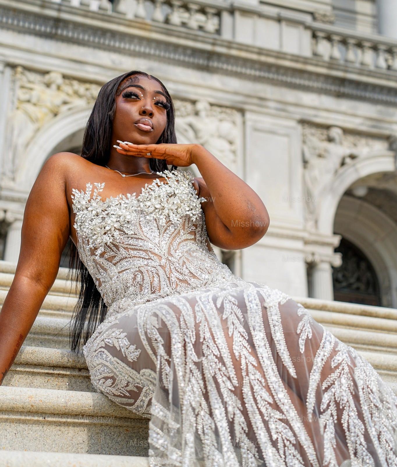 Luxury Sheer Long Silver Beaded Sleeveless Mermaid Prom Dress with Rhinestones and Veil