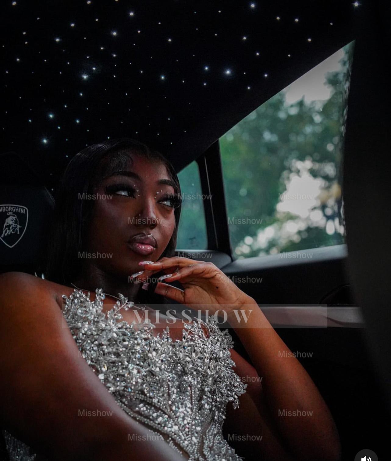 Luxury Sheer Long Silver Beaded Sleeveless Mermaid Prom Dress with Rhinestones and Veil