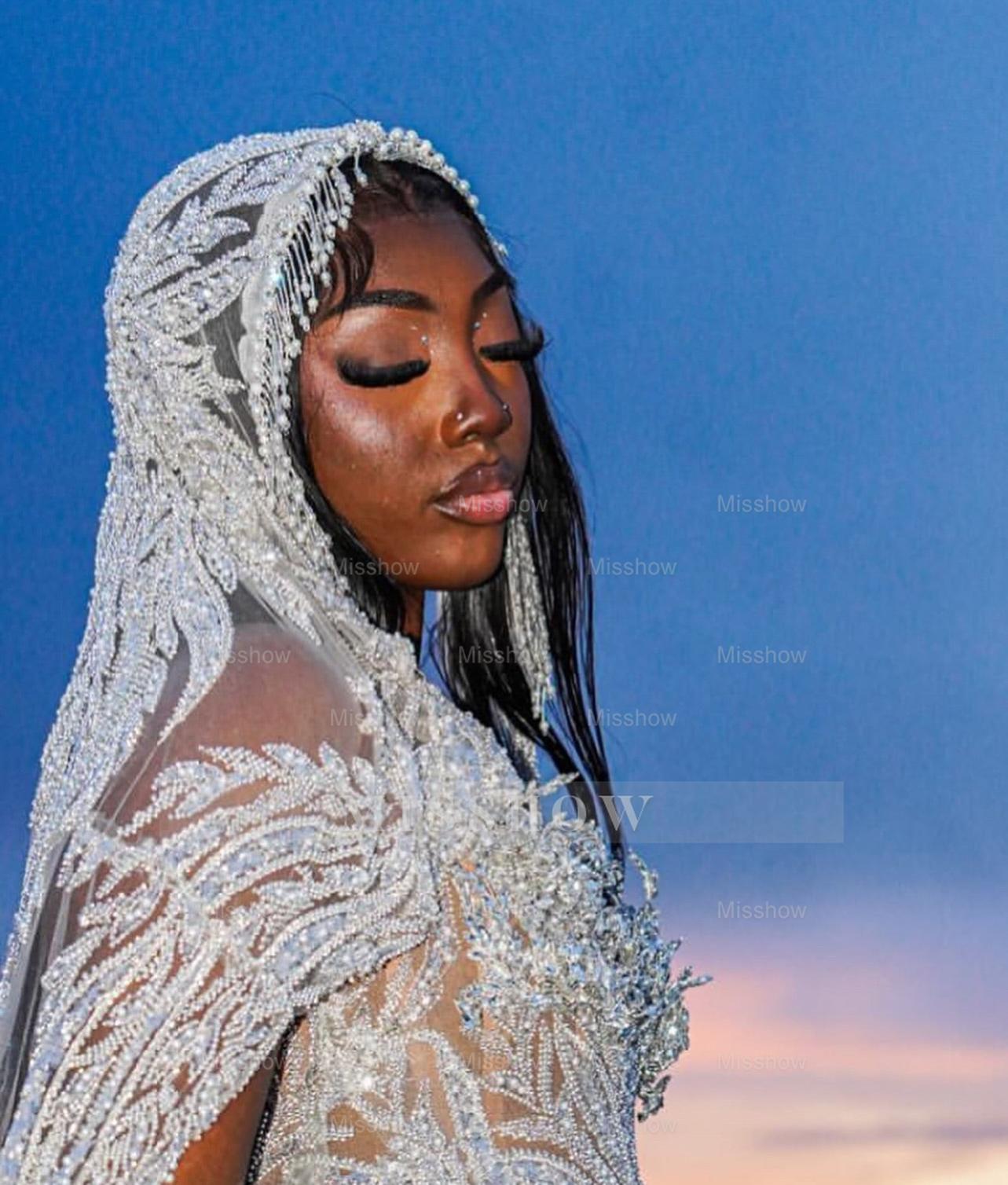 Luxury Sheer Long Silver Beaded Sleeveless Mermaid Prom Dress with Rhinestones and Veil