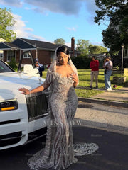 Luxury Sheer Long Silver Beaded Sleeveless Mermaid Prom Dress with Rhinestones and Veil