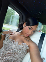 Luxury Sheer Long Silver Beaded Sleeveless Mermaid Prom Dress with Rhinestones and Veil