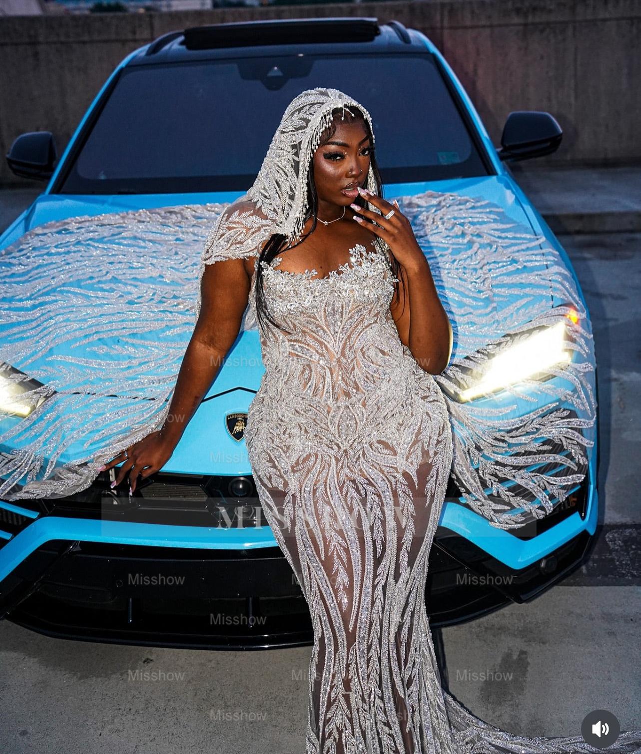 Luxury Sheer Long Silver Beaded Sleeveless Mermaid Prom Dress with Rhinestones and Veil