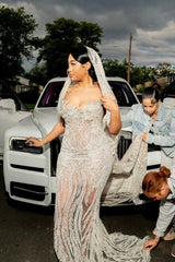 Luxury Sheer Long Silver Beaded Sleeveless Mermaid Prom Dress with Rhinestones and Veil