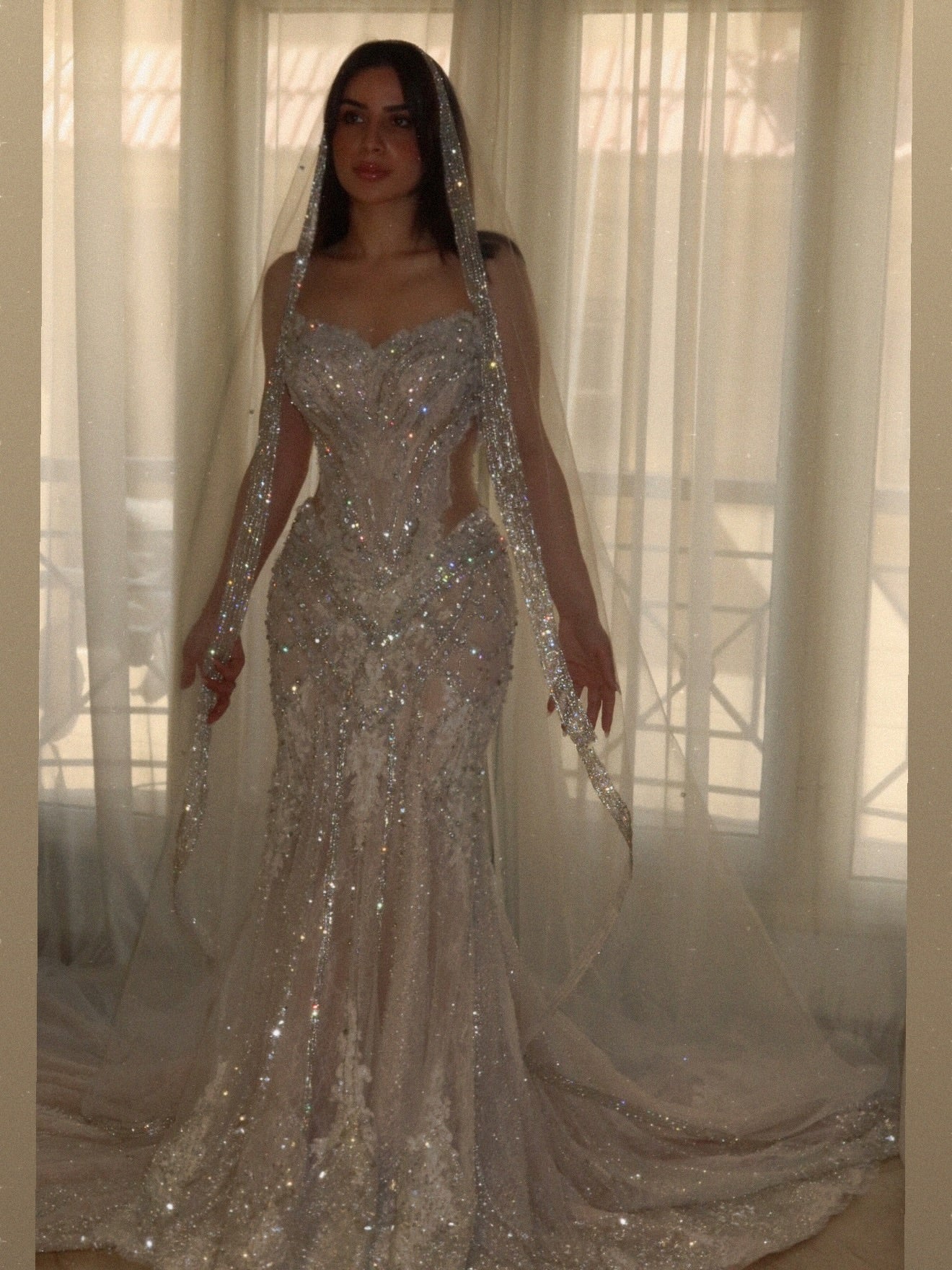 Luxury Sparkly Mermaid Wedding Dress with Crystal Beading and Cathedral Veil