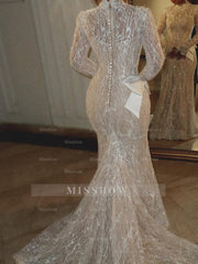 Luxury White Long Mermaid Lace Glitter Wedding Dress With Long Sleeves and Detachable Train