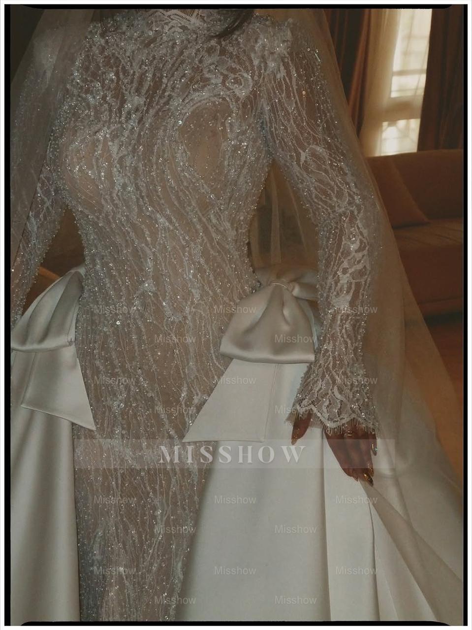Luxury White Long Mermaid Lace Glitter Wedding Dress With Long Sleeves and Detachable Train