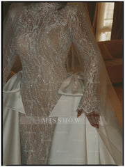 Luxury White Long Mermaid Lace Glitter Wedding Dress With Long Sleeves and Detachable Train