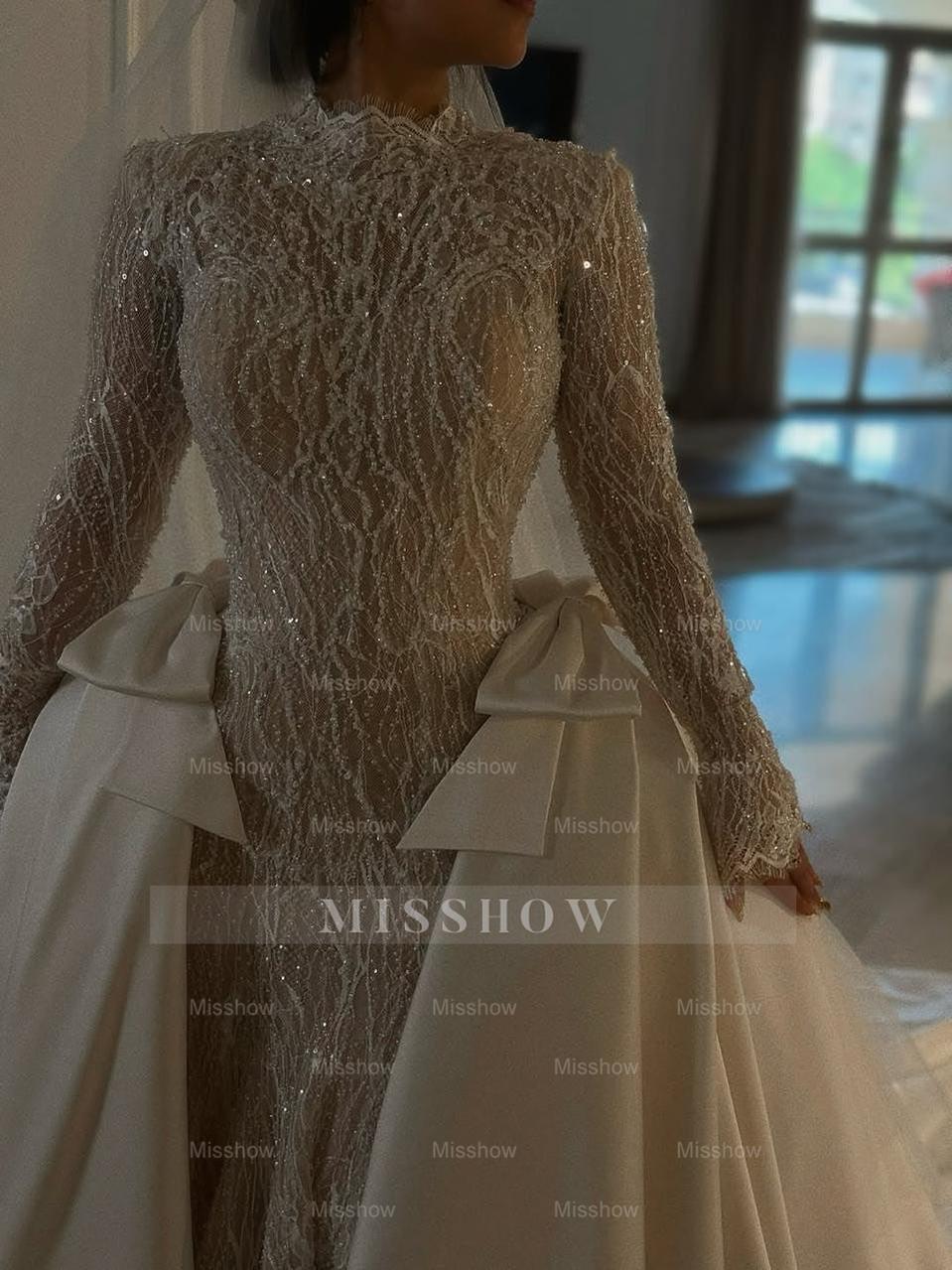 Luxury White Long Mermaid Lace Glitter Wedding Dress With Long Sleeves and Detachable Train