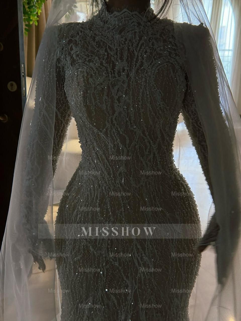 Luxury White Long Mermaid Lace Glitter Wedding Dress With Long Sleeves and Detachable Train