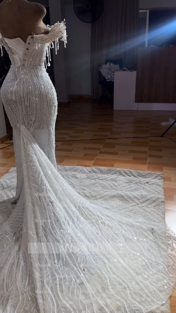 Luxury White Long Mermaid Off-the-shoulder Corset Beaded Prom Dress