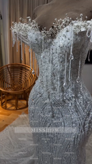 Luxury White Long Mermaid Off-the-shoulder Corset Beaded Prom Dress