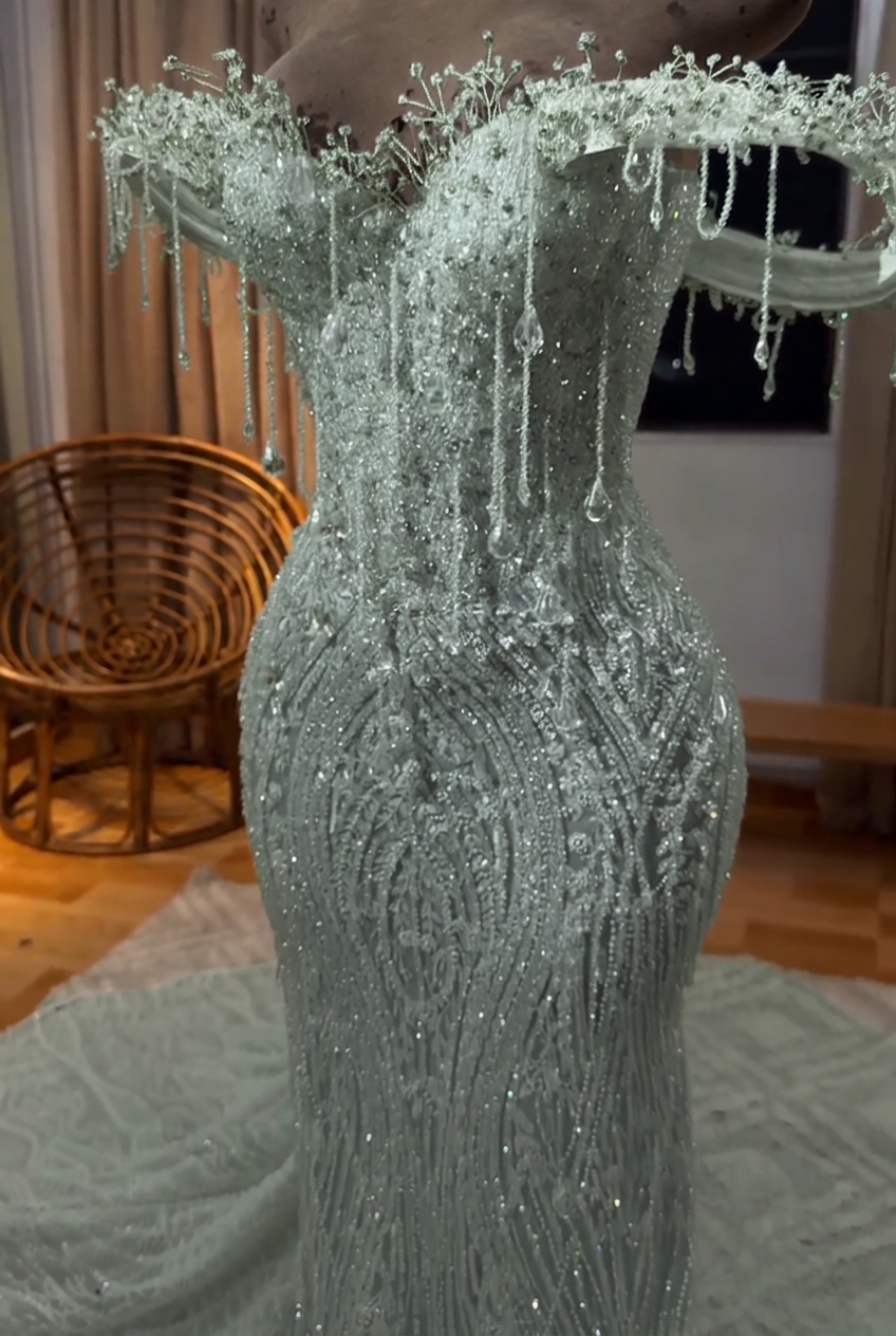 Dusty sage off-the-shoulder beaded mermaid prom dress