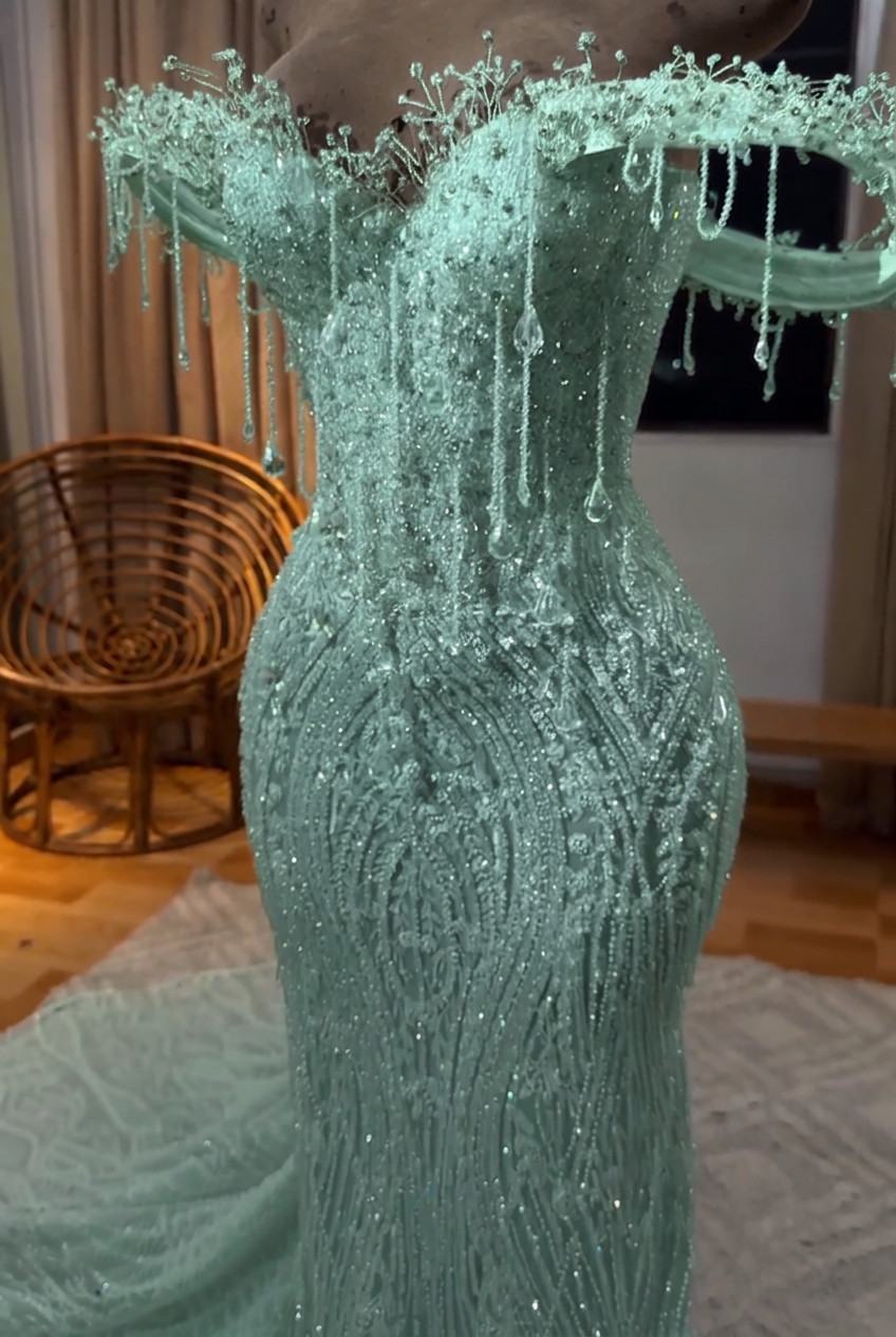 Mint green off-the-shoulder beaded mermaid prom dress