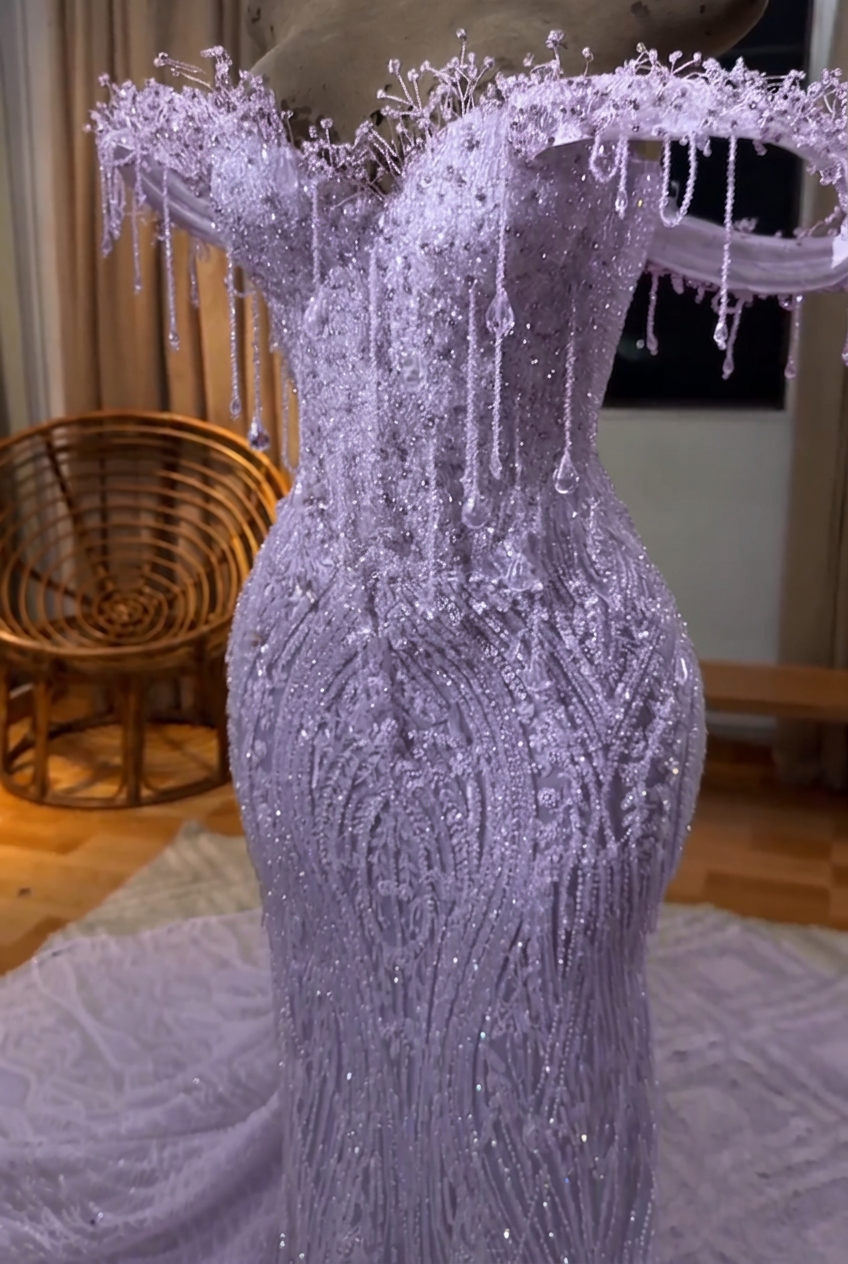 Lavender off-the-shoulder beaded mermaid prom dress