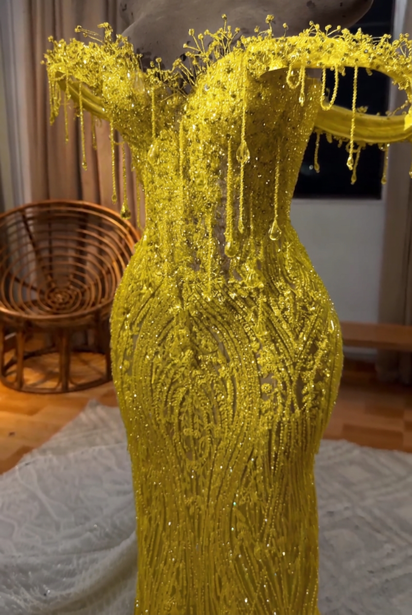 Yellow off-the-shoulder beaded mermaid prom dress