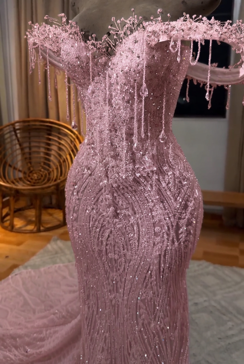 Candy pink off-the-shoulder beaded mermaid prom dress