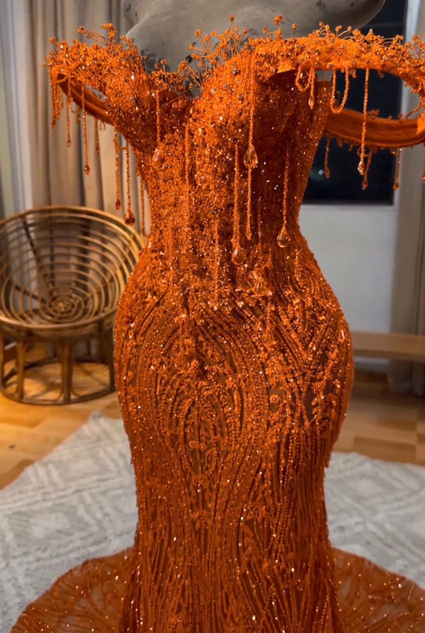 Orange off-the-shoulder beaded mermaid prom dress