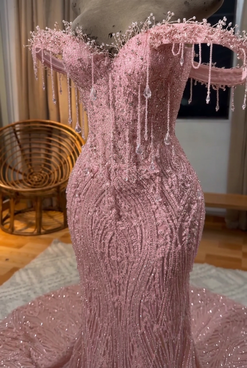 Blushing pink off-the-shoulder beaded mermaid prom dress