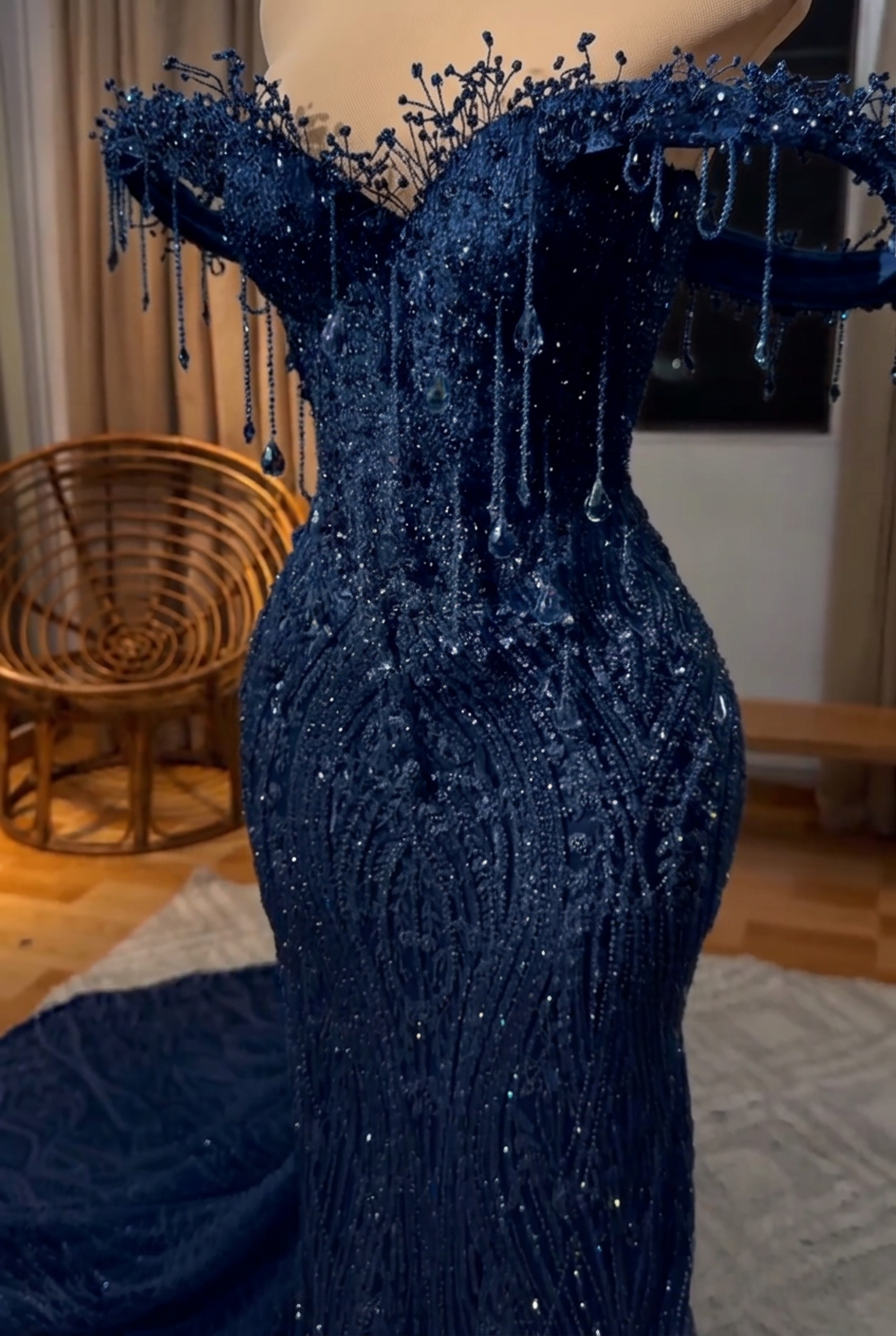 Dark navy off-the-shoulder beaded mermaid prom dress
