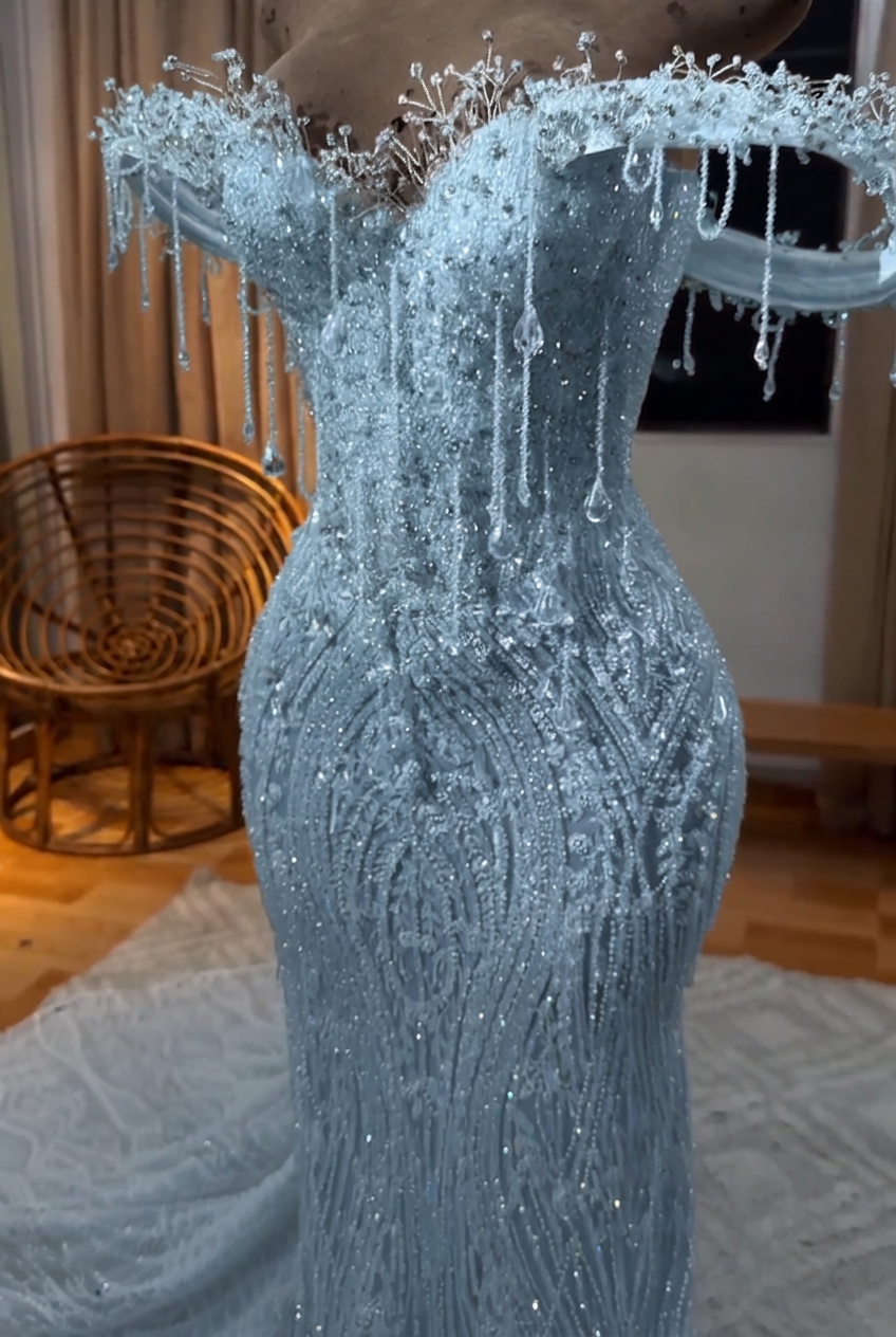 Light blue off-the-shoulder beaded mermaid prom dress