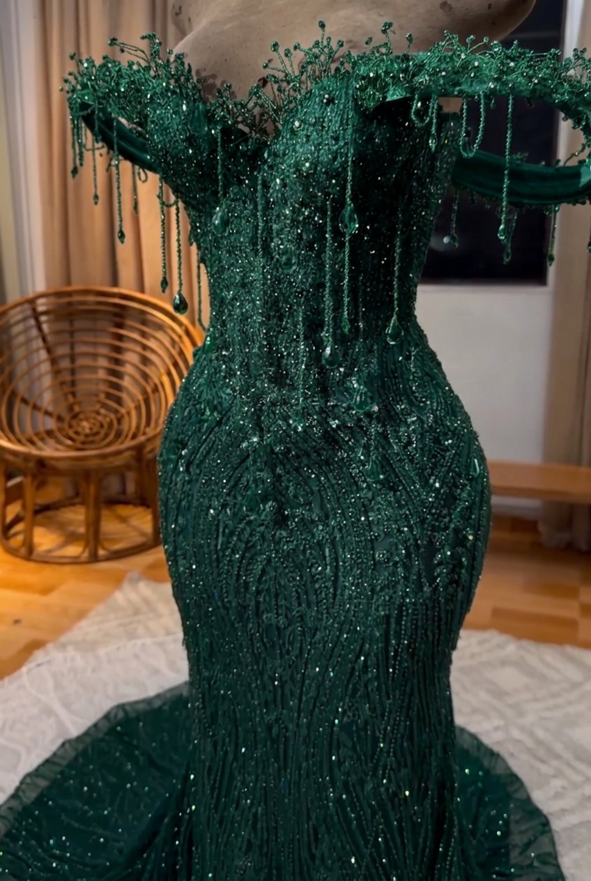 Dark green off-the-shoulder beaded mermaid prom dress