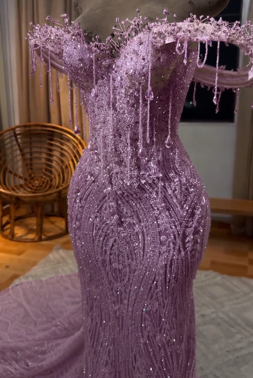 Lilac off-the-shoulder beaded mermaid prom dress