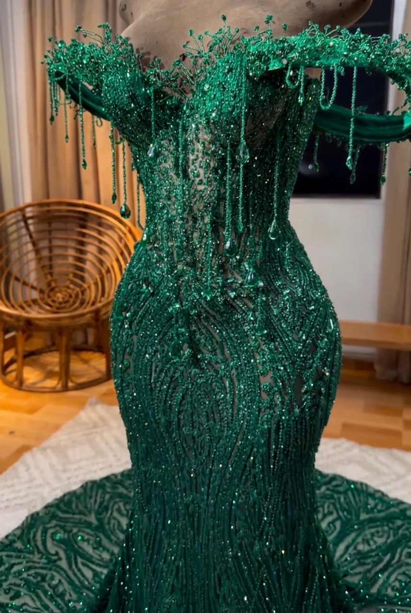 Emerald green off-the-shoulder beaded mermaid prom dress