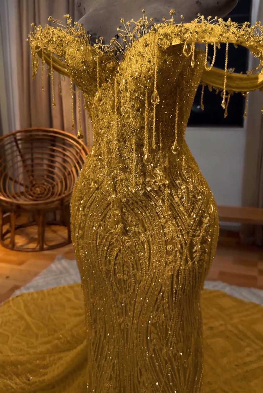 Gold off-the-shoulder beaded mermaid prom dress
