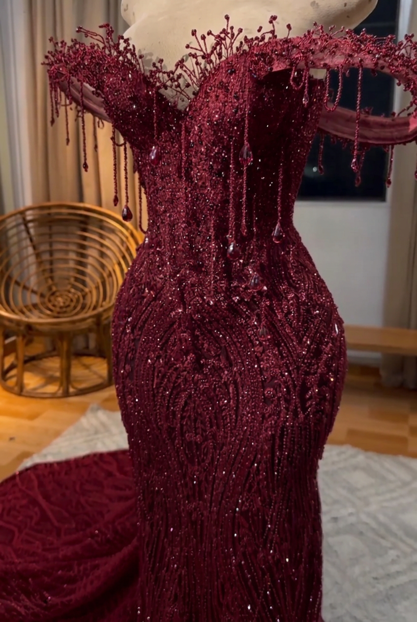 Burgundy off-the-shoulder beaded mermaid prom dress