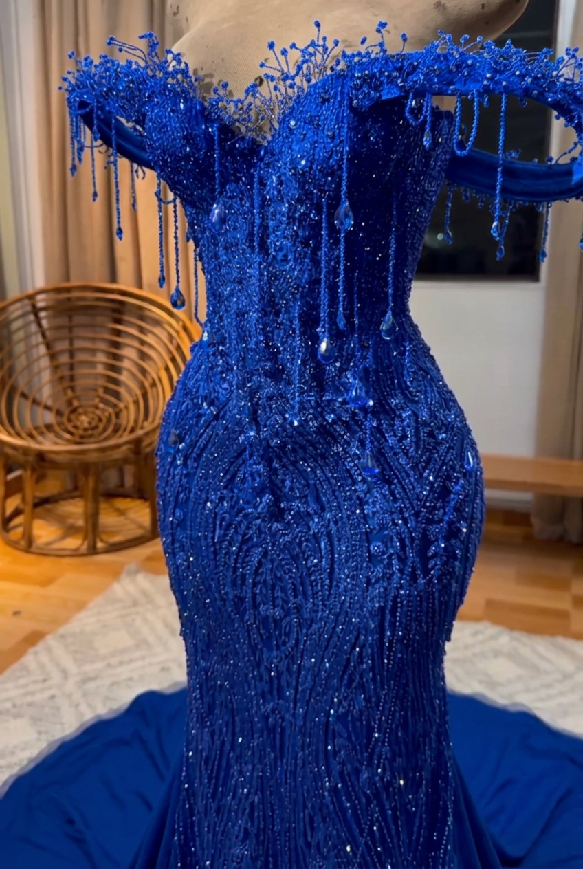 Royal blue off-the-shoulder beaded mermaid prom dress
