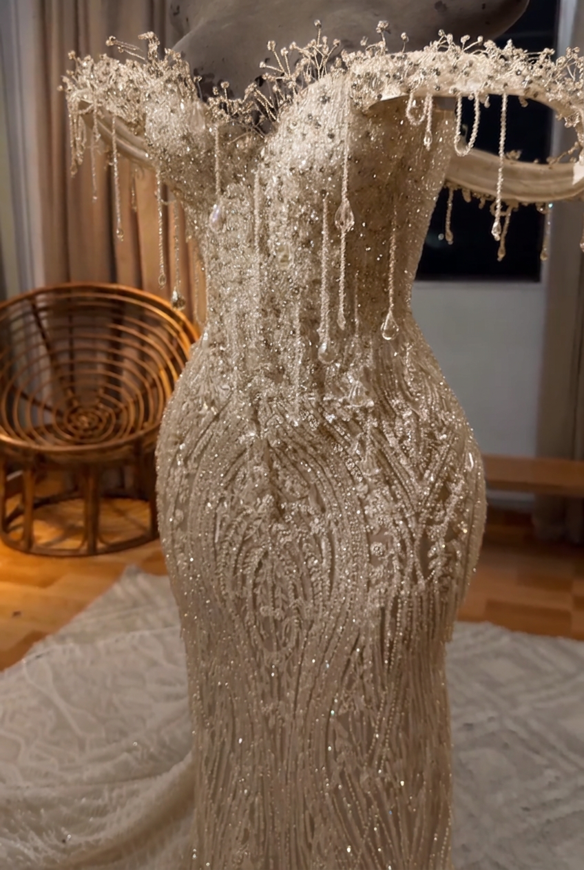 Champagne off-the-shoulder beaded mermaid prom dress
