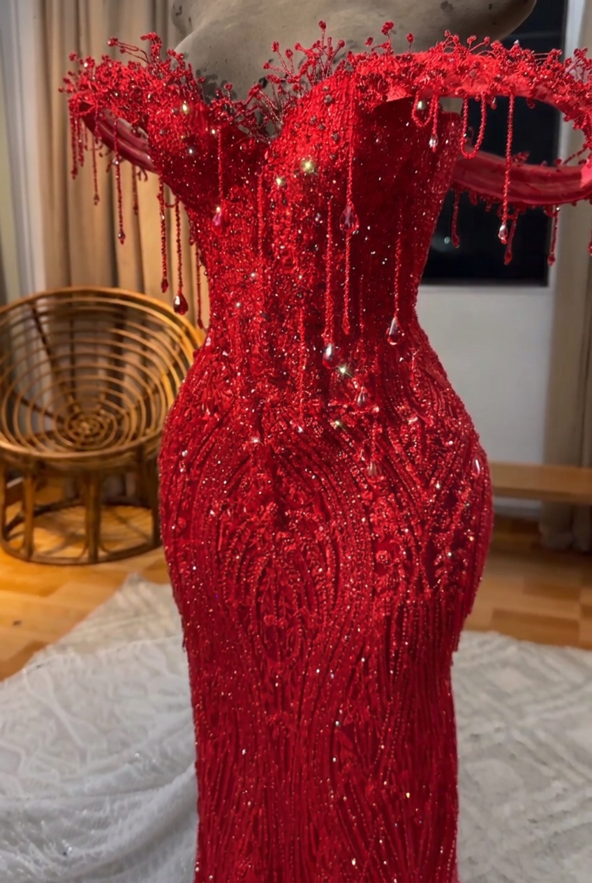 Red off-the-shoulder beaded mermaid prom dress